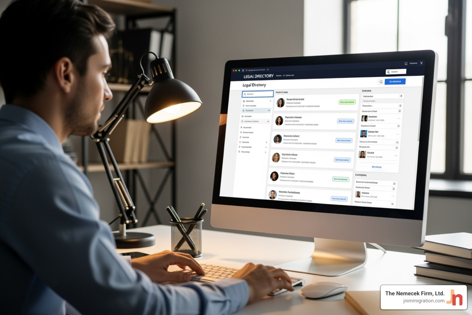 person looking at a computer screen showing a legal directory - asylum seeker lawyer