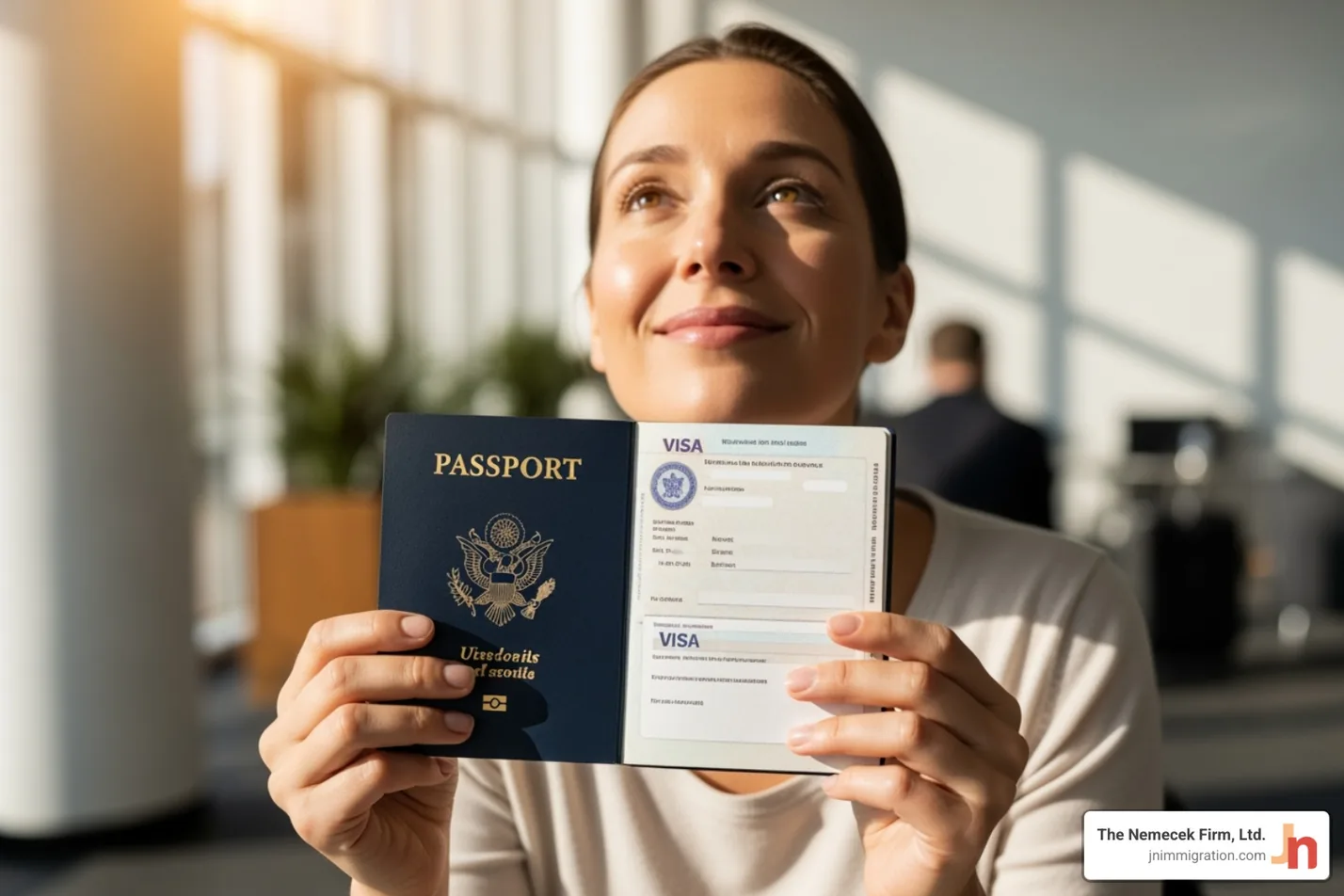 person holding a passport or official document, looking relieved and hopeful - immigration lawyer for asylum