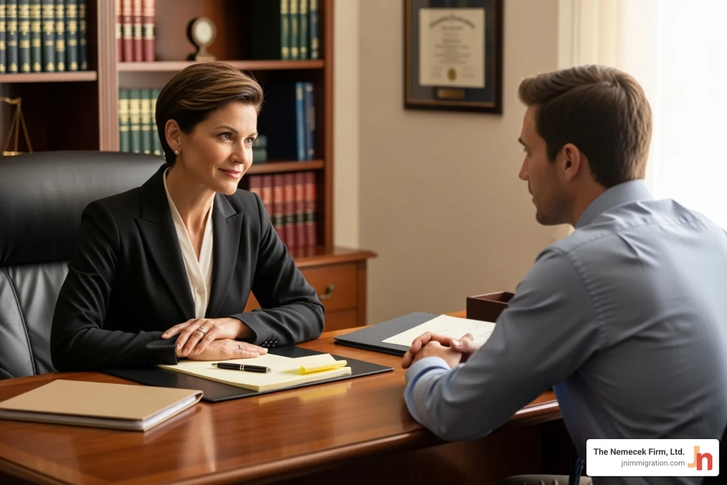 lawyer compassionately consulting with a client across a desk - immigration lawyer for asylum