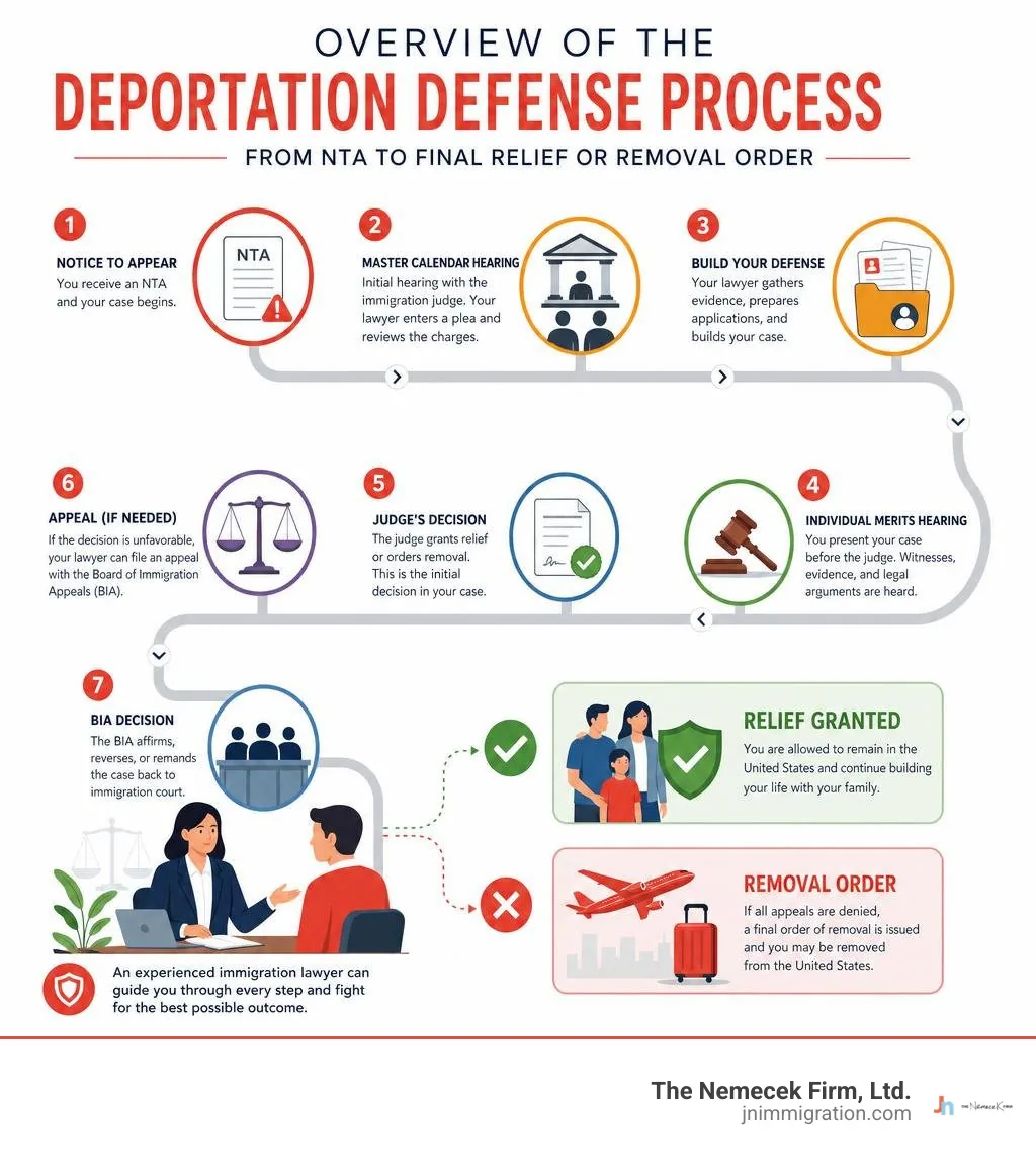 Overview of the deportation defense process from NTA to final relief or removal order infographic Overview of the deportation defense process from NTA to final relief or removal order infographic