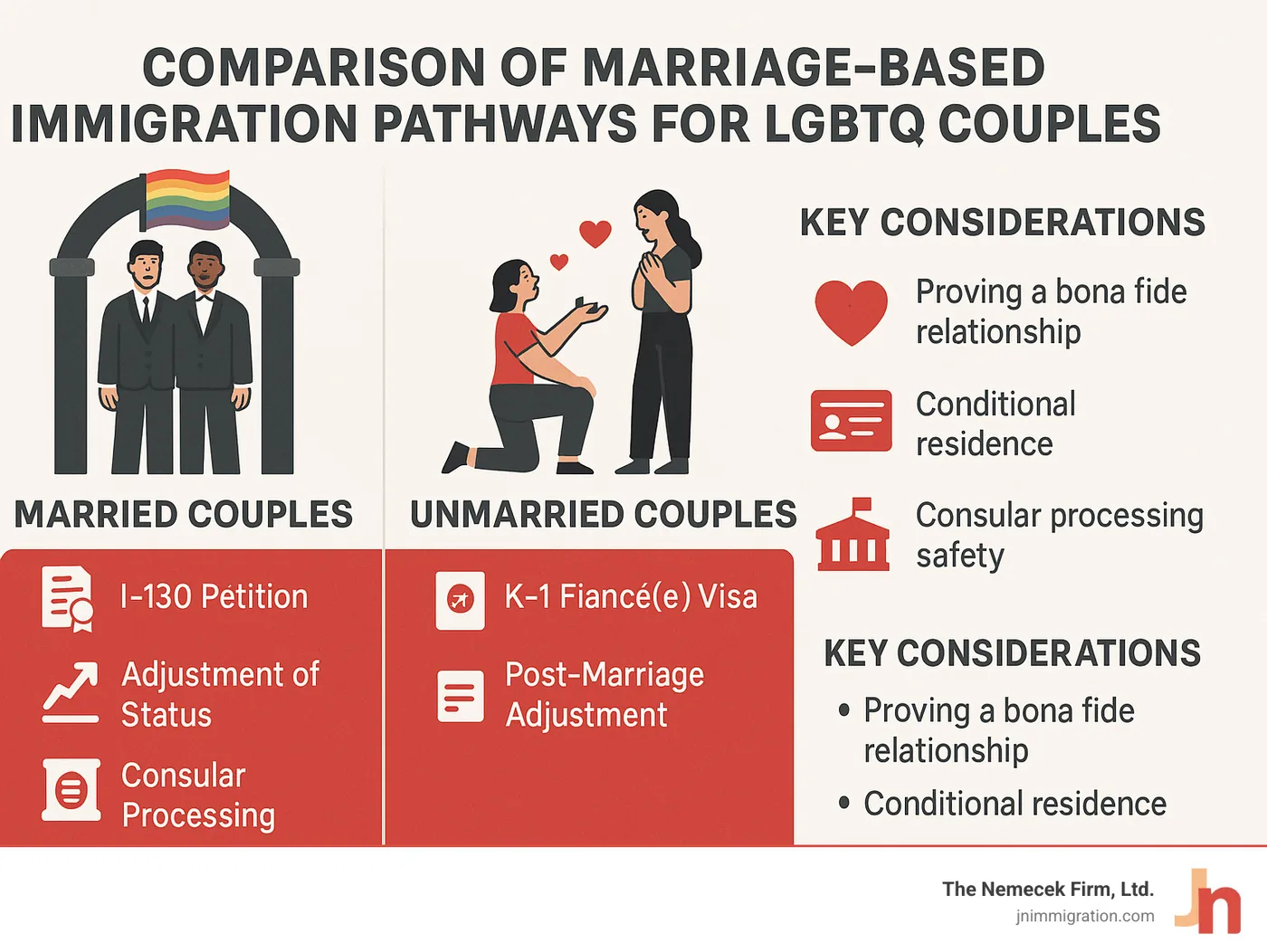 Comparison of marriage-based immigration pathways for LGBTQ couples - lgbtq immigration lawyer infographic 