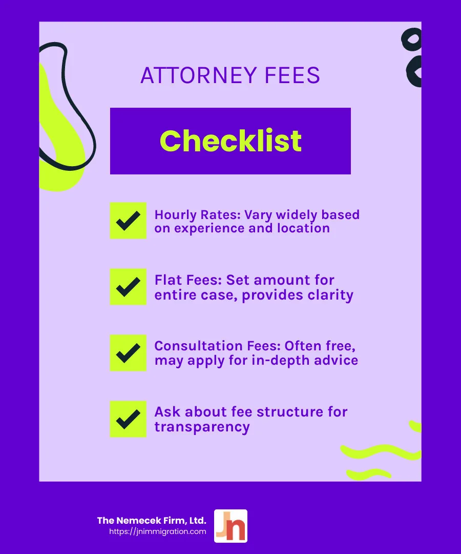 Understanding attorney fees helps you budget effectively for your immigration needs. - affordable immigration attorney infographic checklist-fun-neon