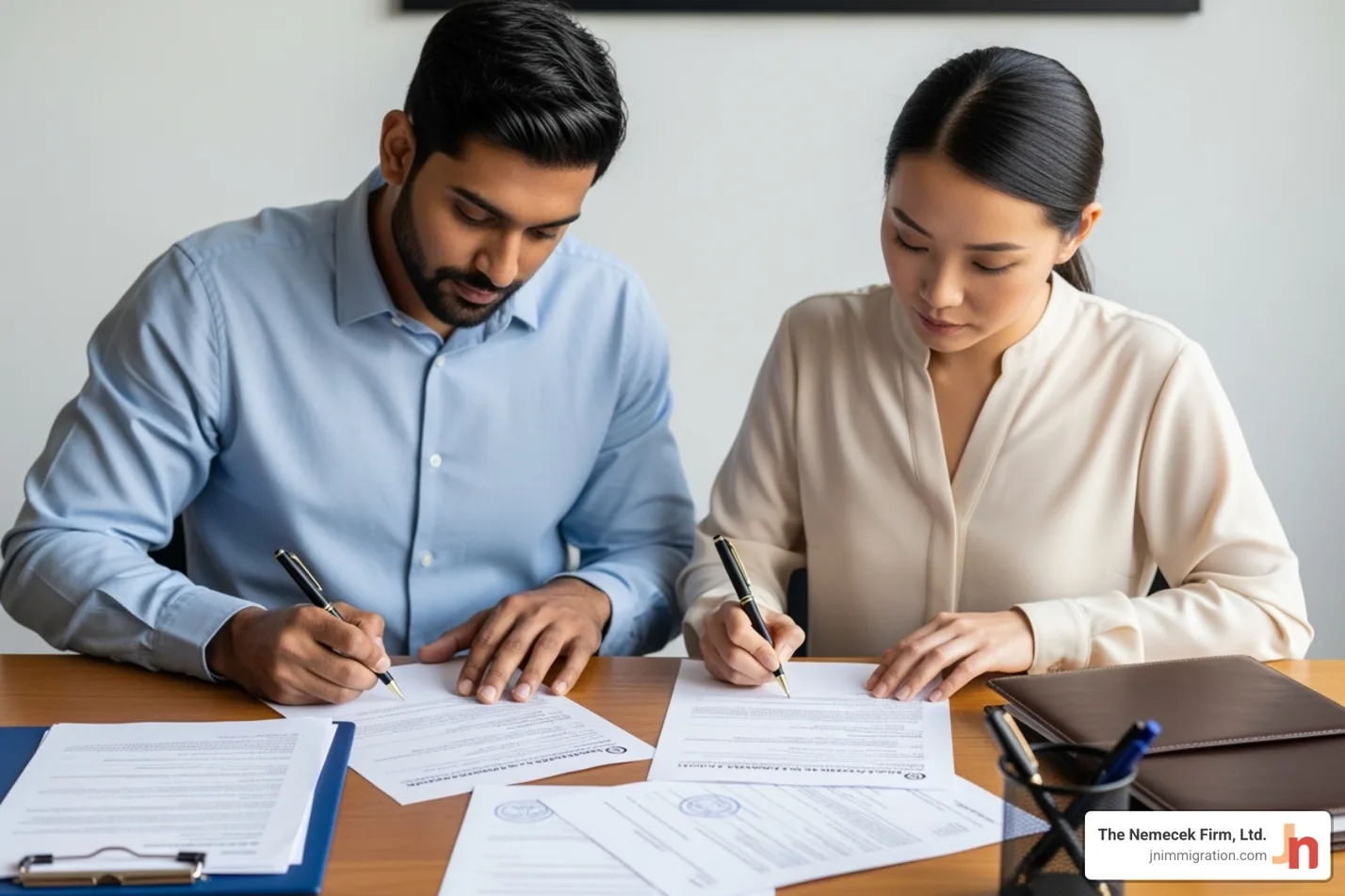 Couple signing immigration documents - LGBT immigration attorney Couple signing immigration documents - LGBT immigration attorney