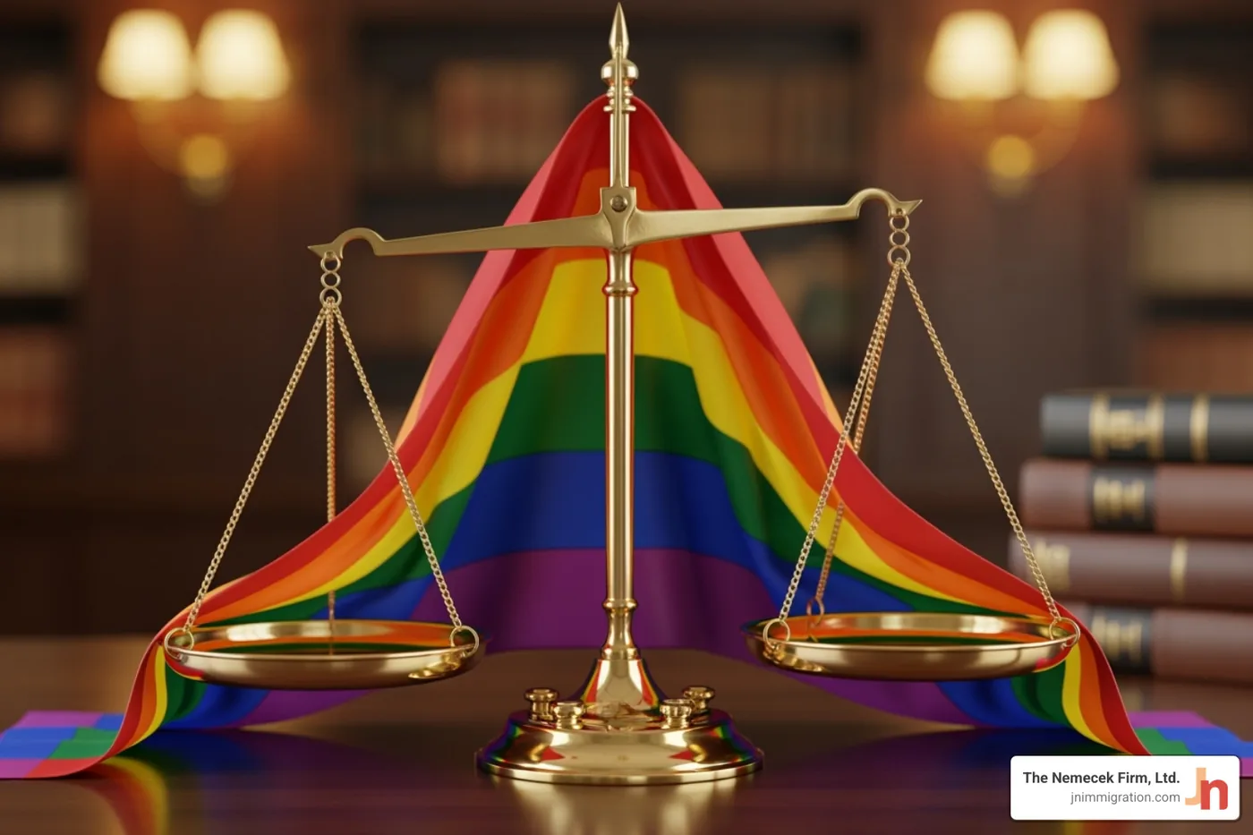 Pride flag with legal scale - asylum immigration lawyer Pride flag with legal scale - asylum immigration lawyer
