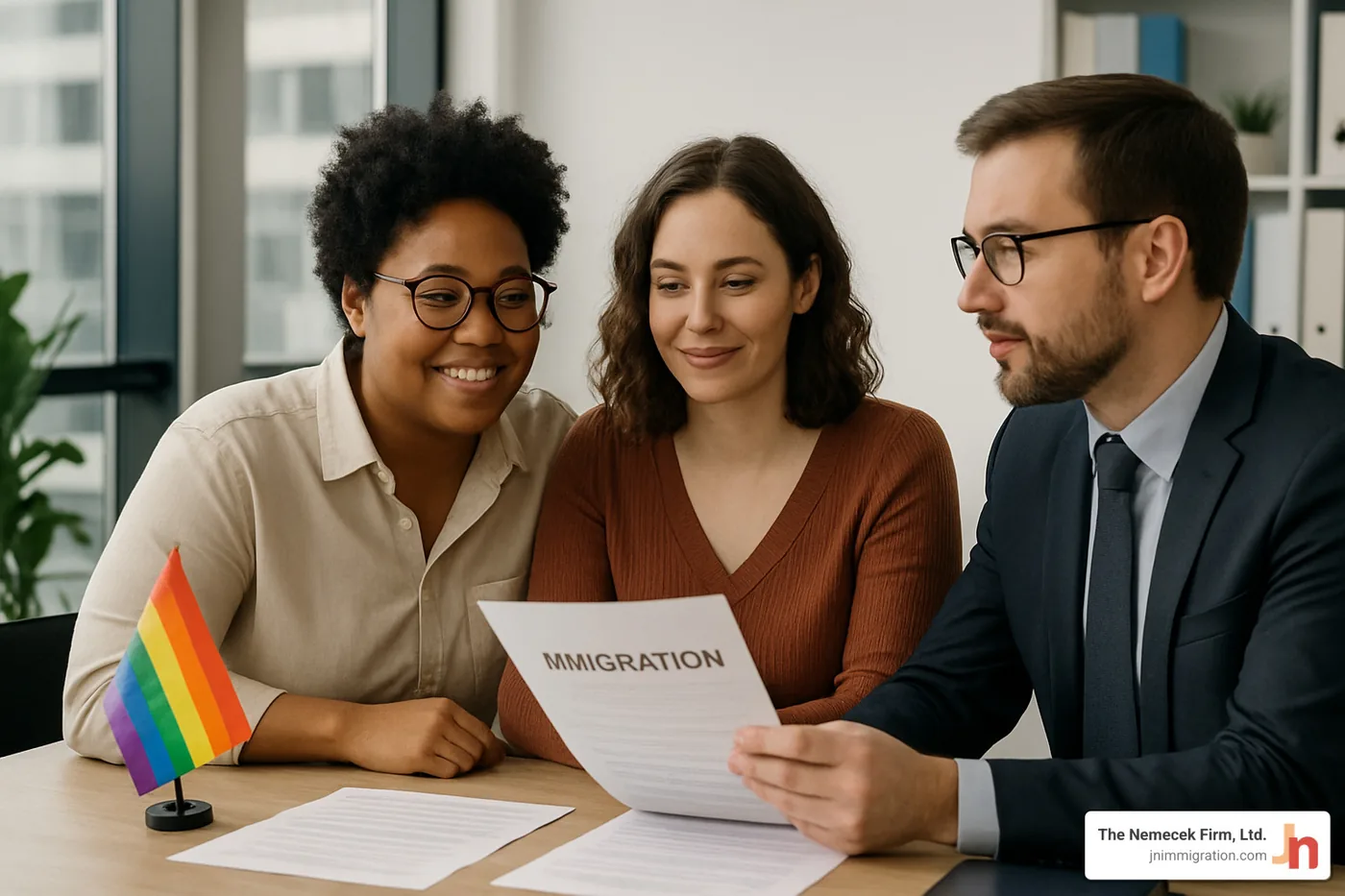 LGBTQ couple reviewing immigration documents with lawyer - lgbtq immigration lawyer