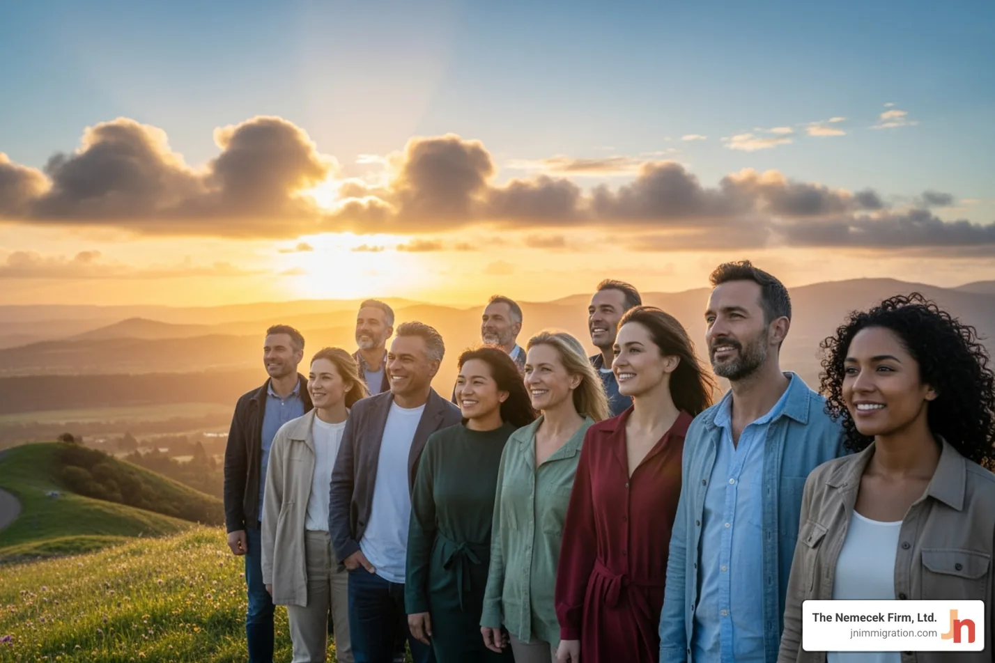 diverse group of people looking toward horizon with hope - immigration lawyer for asylum