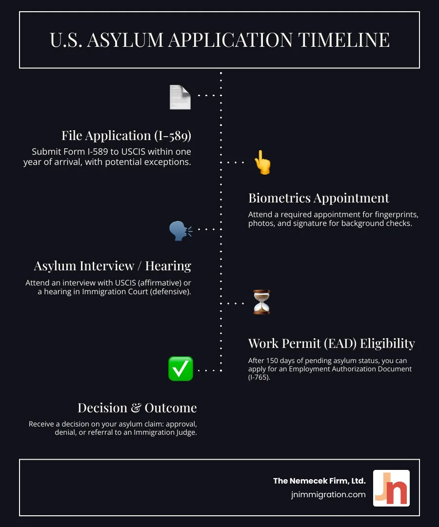 Infographic detailing the timeline of the asylum application process, including biometric appointments, interview scheduling, and potential waiting periods for a decision and work authorization. - Immigration asylum attorney infographic infographic-line-5-steps-dark