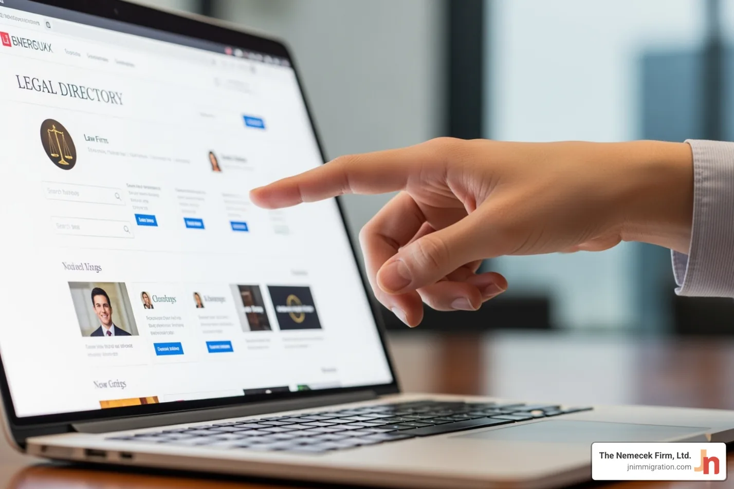hand pointing to a name on a legal directory website on a laptop screen - immigration lawyer for asylum